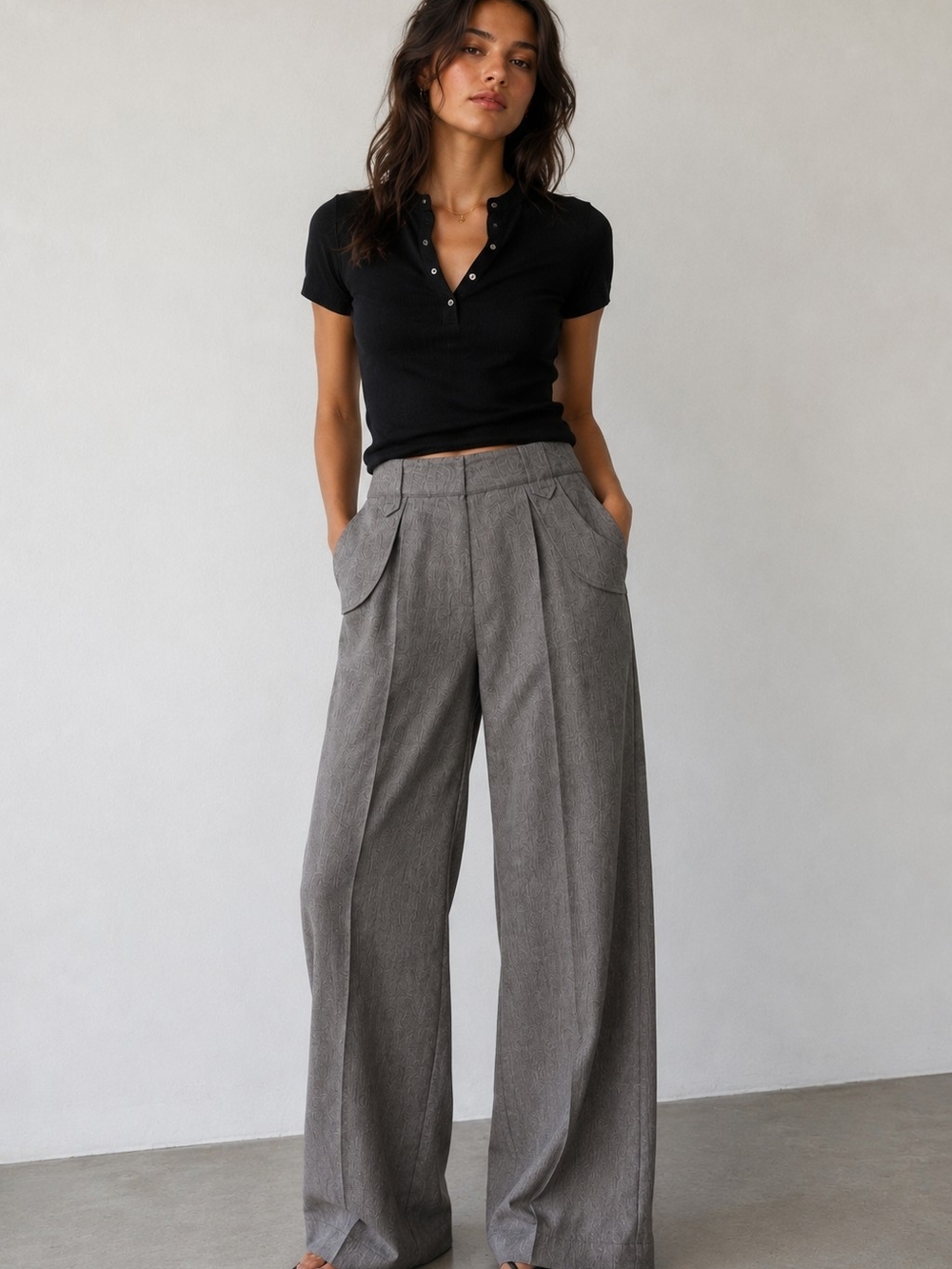 High-Rise Gray Wide-Leg Pleated Trousers